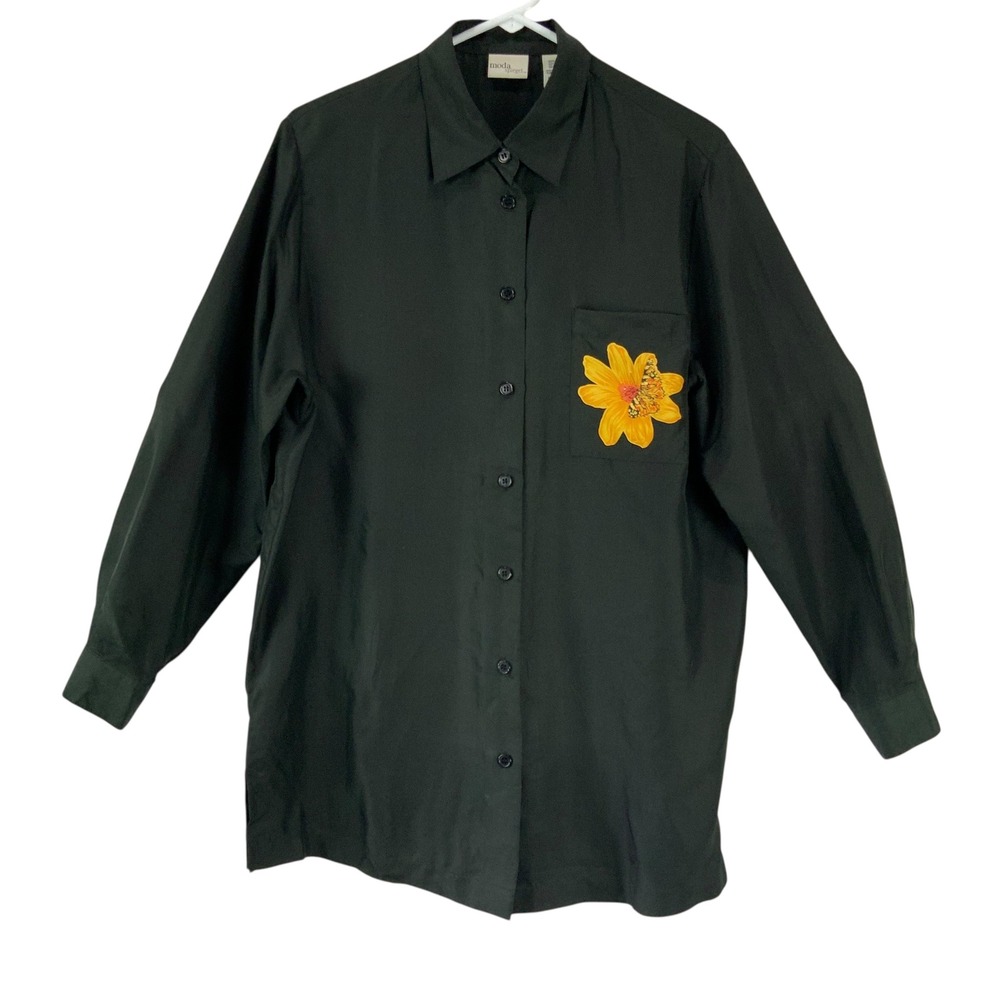 Moda Spiegel Black Silk Butterfly Flower Long Sleeve Button Up Shirt Women's M